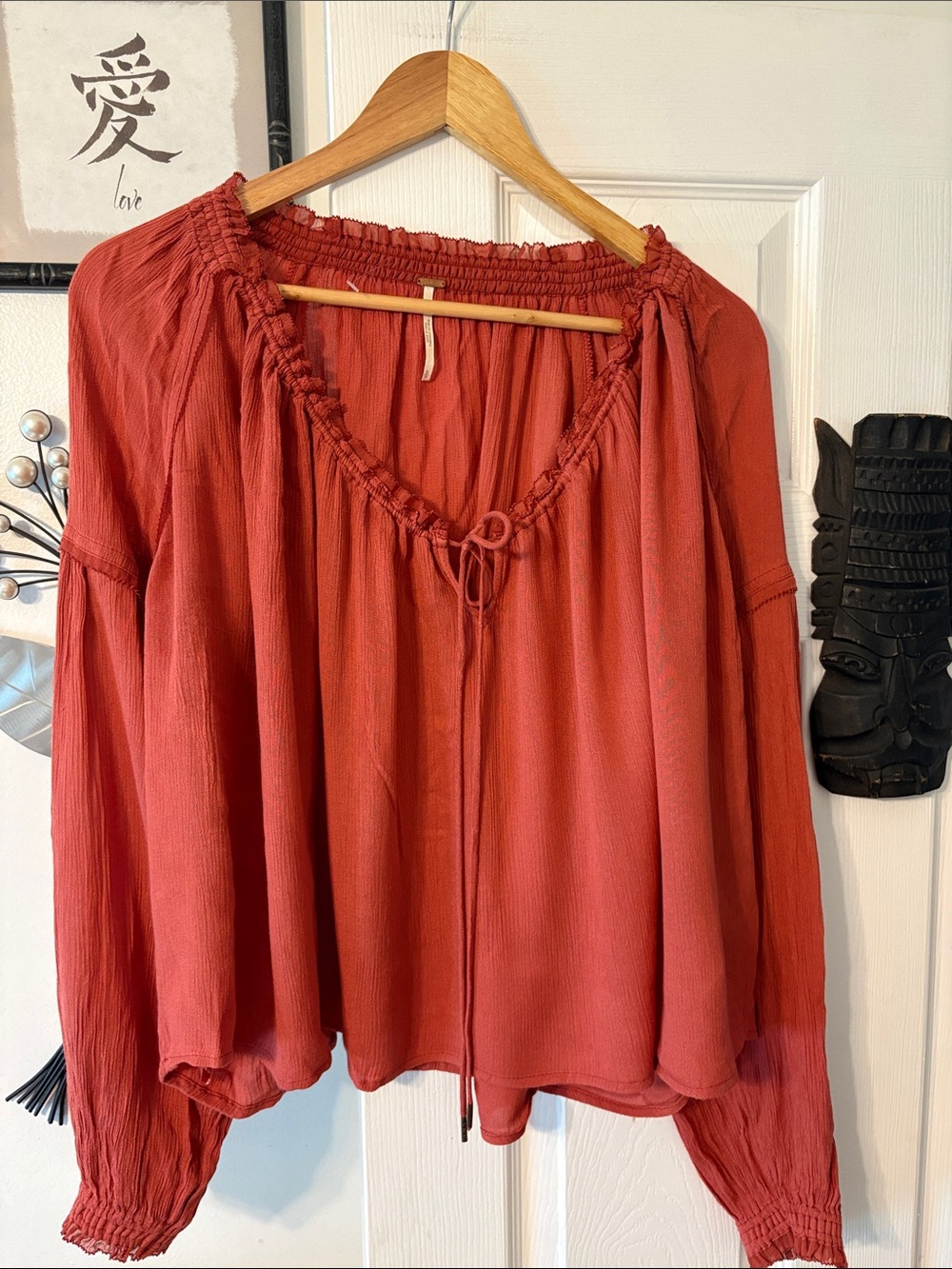Women's Rust Red Peasant Blouse - Casual Tie-Neck Top